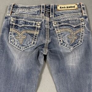 ROCK REVIVAL VIVIAN BOOT JEANS WOMENS 27 THICK STITCH WHISKERING